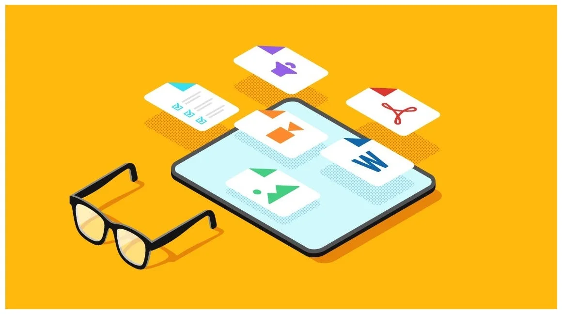 نظارات وتابلت يعرض أدوات التعليم الإلكتروني والمحتوى الرقمي لدعم تجربة التعلم