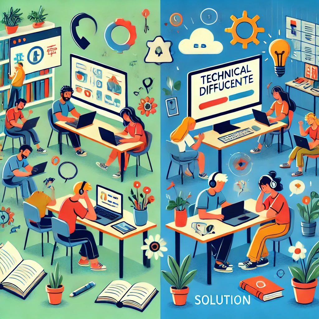 رسم يوضح التحديات التي تواجه الطلاب في التعليم عن بعد (مشاكل تقنية، إرهاق) والحلول المقترحة (بيئة جيدة، تفاعل).