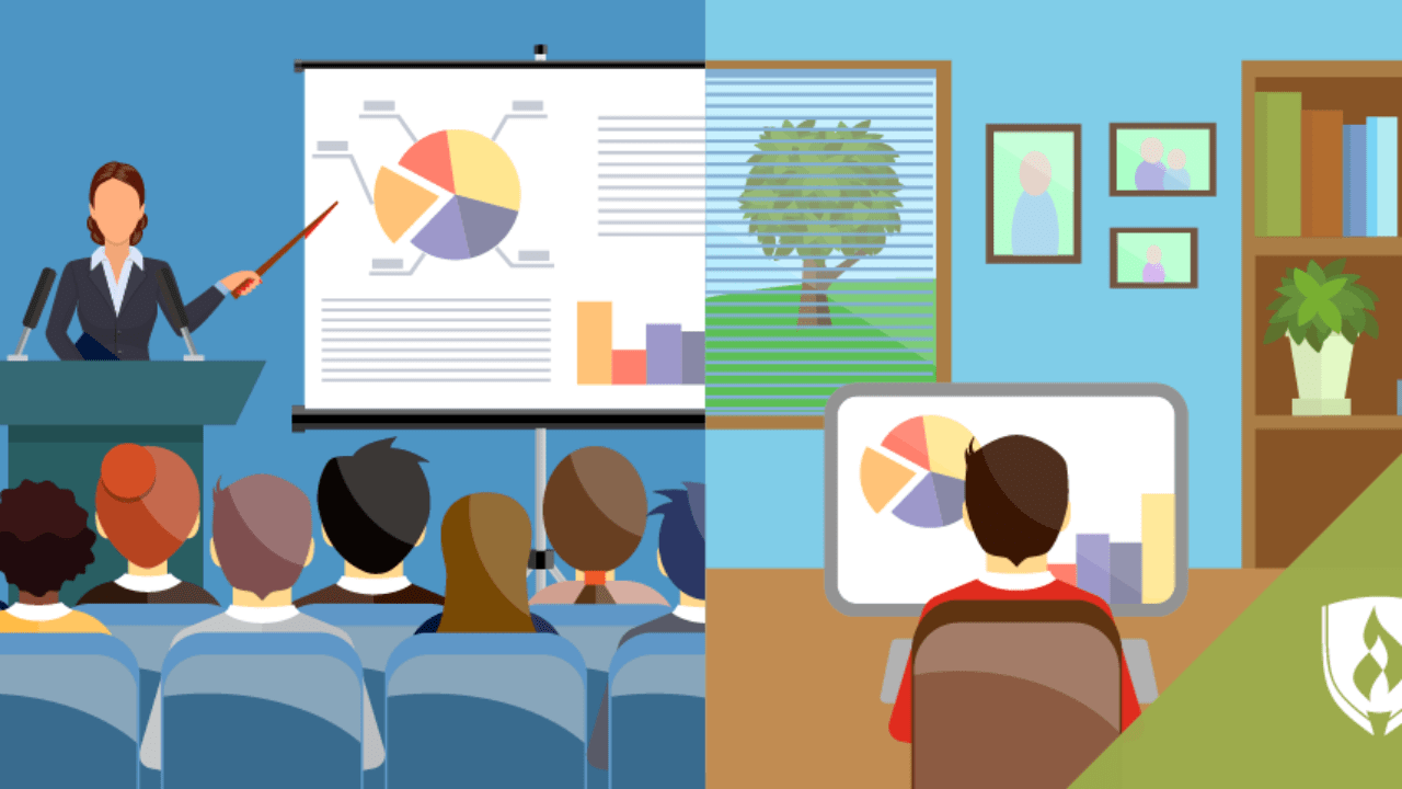 رسم يقارن بين فصل التعليم التقليدي وبيئة التعليم عن بعد والدراسة من المنزل