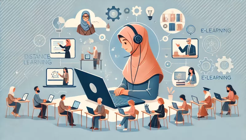 رسم لفتاة تدرس عبر لابتوب، يمثل دور التكنولوجيا في تحسين جودة التعليم عن بعد