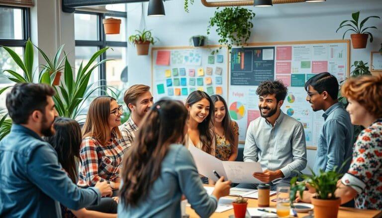 فريق عمل متنوع يتعاون على تخطيط مشروع ريادة اجتماعية في مكتب