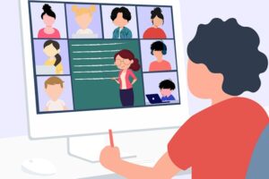 رسم يوضح فصل دراسي عبر الإنترنت، يظهر معلمة تشرح لطلاب في بيئة التعلم عن بعد