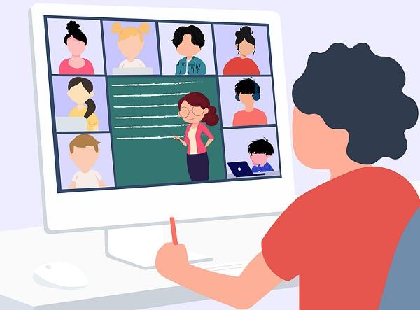 رسم يوضح فصل دراسي عبر الإنترنت، يظهر معلمة تشرح لطلاب في بيئة التعلم عن بعد