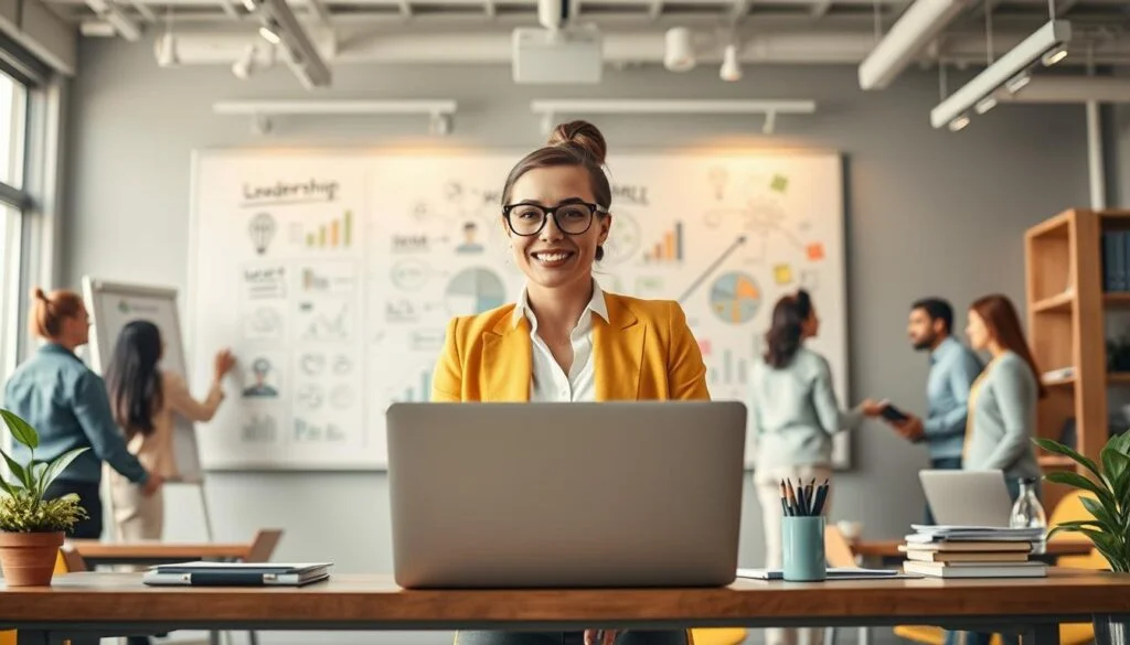 امرأة تبتسم وتعمل على حاسوب في مكتب يمثل ريادة الأعمال النسائية والقيادة