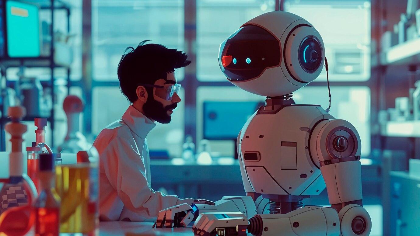 عالم يتعاون مع روبوت في مختبر يوضح تأثير الذكاء الاصطناعي على سوق العمل