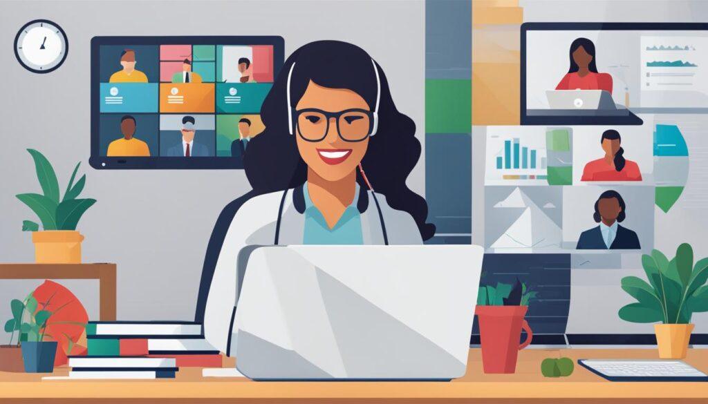 رسم يوضح العمل عن بُعد والاجتماعات الافتراضية والإنتاجية في بيئة العمل عن بعد