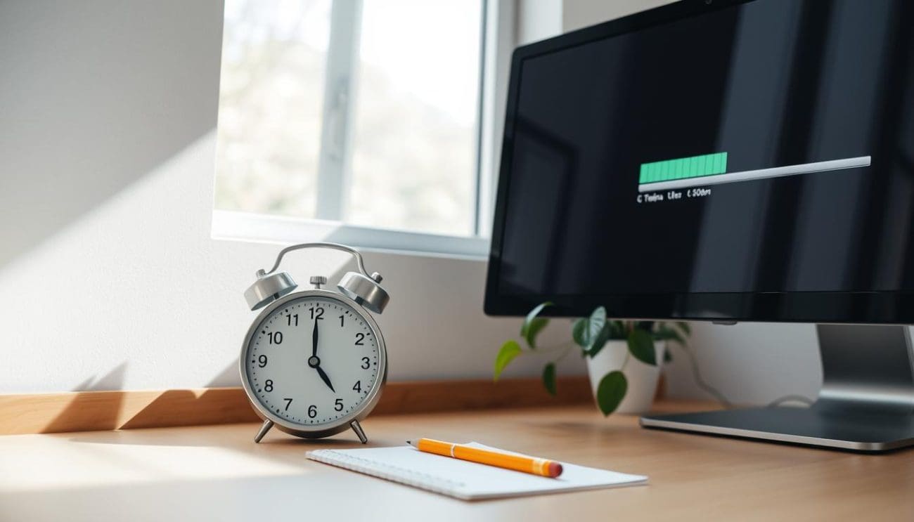مكتب عمل مع منبه وكمبيوتر يعرض شريط تقدم، يمثل زيادة الإنتاجية وتنظيم الوقت في بيئة العمل