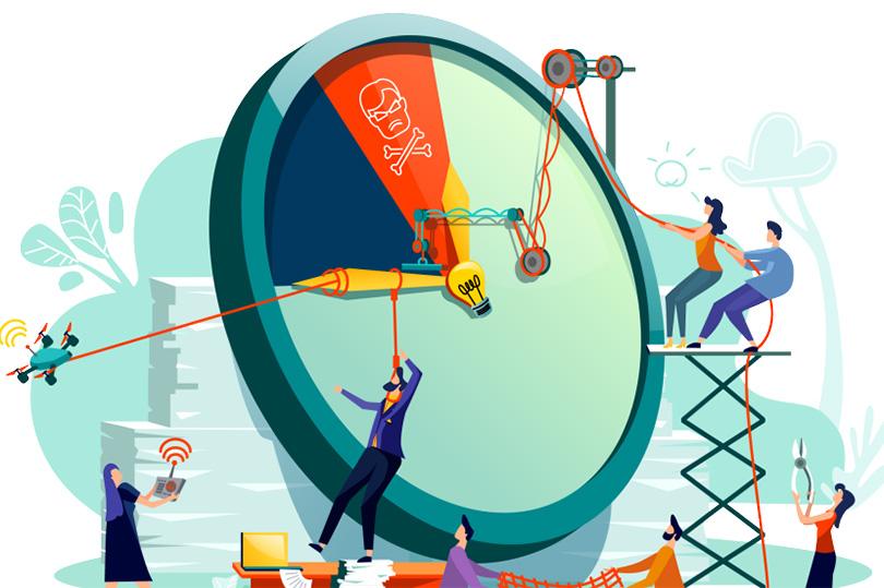 رسم يوضح تحديات إدارة الوقت لرواد الأعمال والحاجة لتنظيم الوقت وتحديد الأولويات بين المخاطر والأفكار.