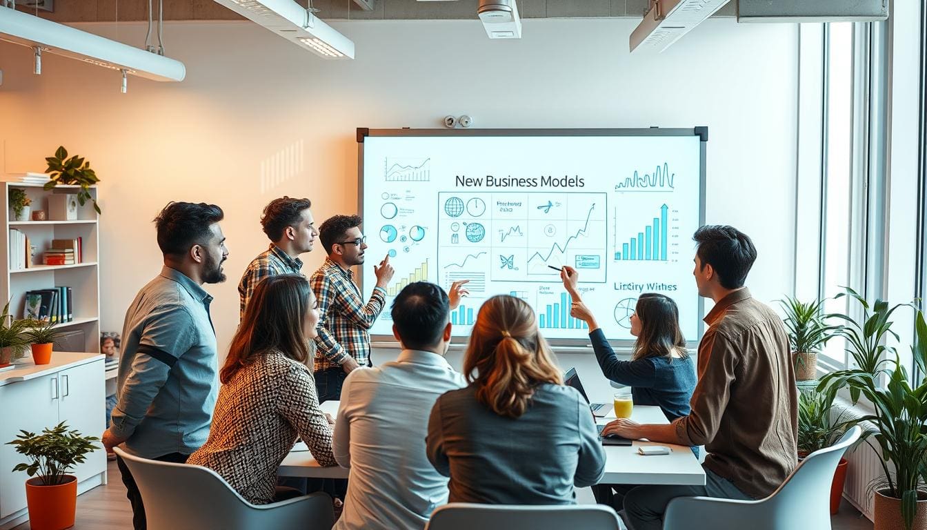 فريق عمل يناقش نماذج عمل جديدة وبيانات نمو على شاشة، يمثل استخدام التكنولوجيا في الشركات الناشئة لتحقيق النجاح.