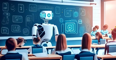 رسم توضيحي لربوت يمثل الذكاء الاصطناعي يتفاعل مع طلاب في بيئة تعليمية، يوضح تطبيق الذكاء الاصطناعي في التعليم.