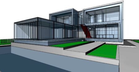 رسم معماري لمبنى حديث يمثل المساحات التي يمكن تصويرها باستخدام أساسيات تصوير المساحات