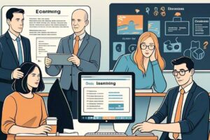 رسم توضيحي لطلاب ومعلمين يستخدمون تقنيات التعلم الإلكتروني في بيئة التعلم عن بعد