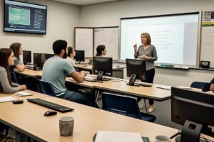 معلمة تشرح لطلاب في فصل دراسي يستخدمون تقنيات التعليم الإلكتروني الحديثة.