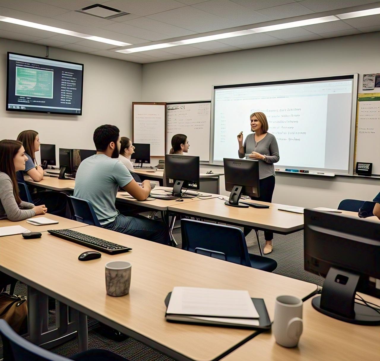 معلمة تشرح لطلاب في فصل دراسي يستخدمون تقنيات التعليم الإلكتروني الحديثة.