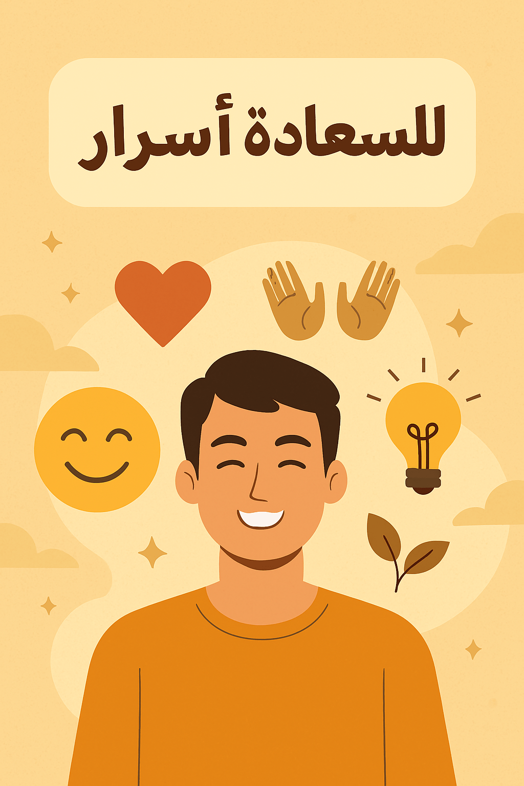 رسم يوضح أسرار السعادة والصحة النفسية من خلال رموز إيجابية متنوعة