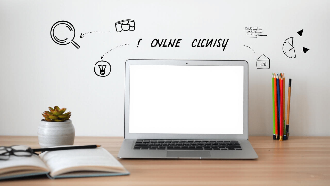 مساحة دراسة منظمة لالتعلم عبر الإنترنت تظهر حاسوبًا وكتابًا ورسومات عن التخطيط، تجسد مفهوم نظرية التعلم عبر الإنترنت.