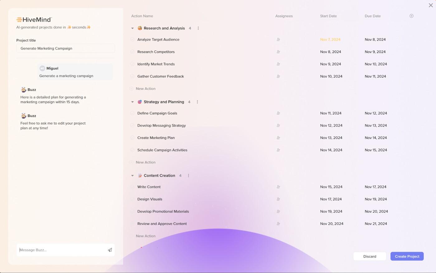 واجهة برنامج HiveMind، مثال على أفضل أدوات إدارة المشاريع عن بعد 2025 لتخطيط المهام لفرق العمل.